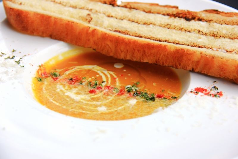 Close-up shot of Parmesan Pumpkin Soup