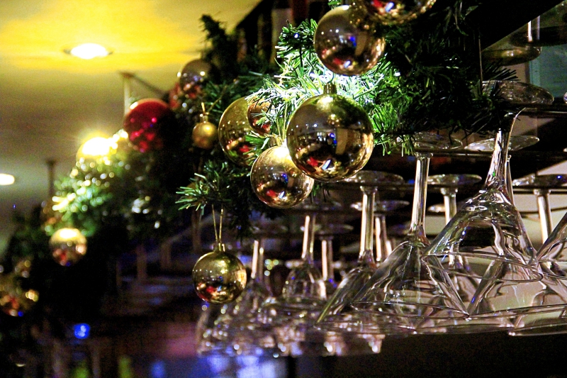 Christmas lights and wine glasses at La Risata